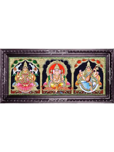3 gods in one frame Tanjore painting with three panel design, gold work and traditional multi gods composition